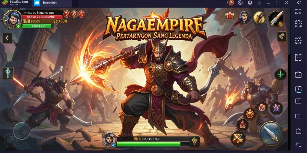 Screenshot gameplay NAGAEMPIRE memperlihatkan pertarungan seru antara karakter.